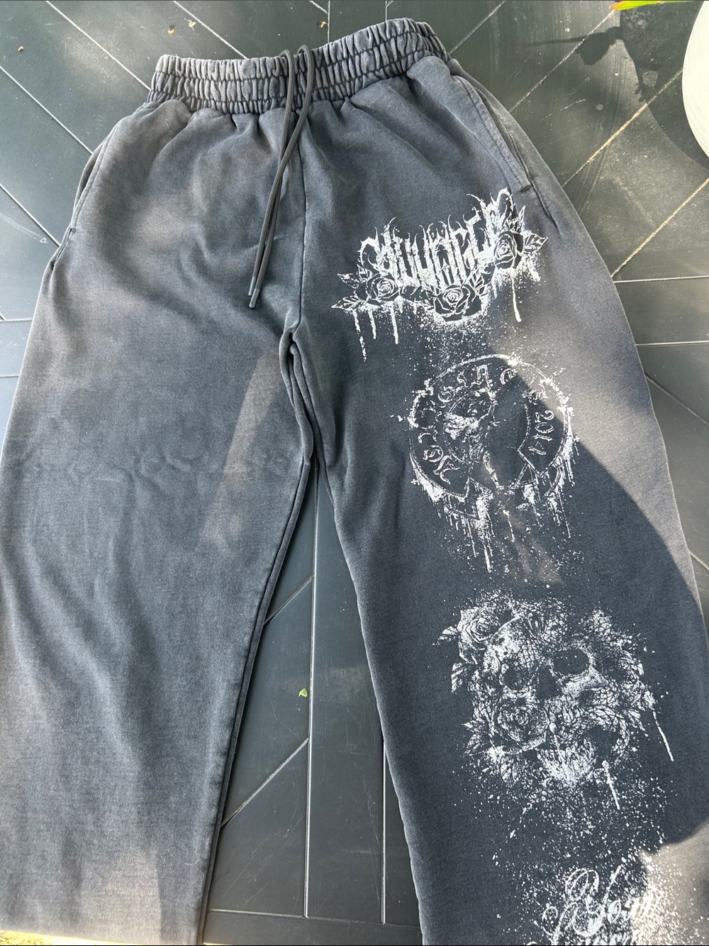 YoungLa Black Graphic Jogger Sweatpants with White Distressed Prints